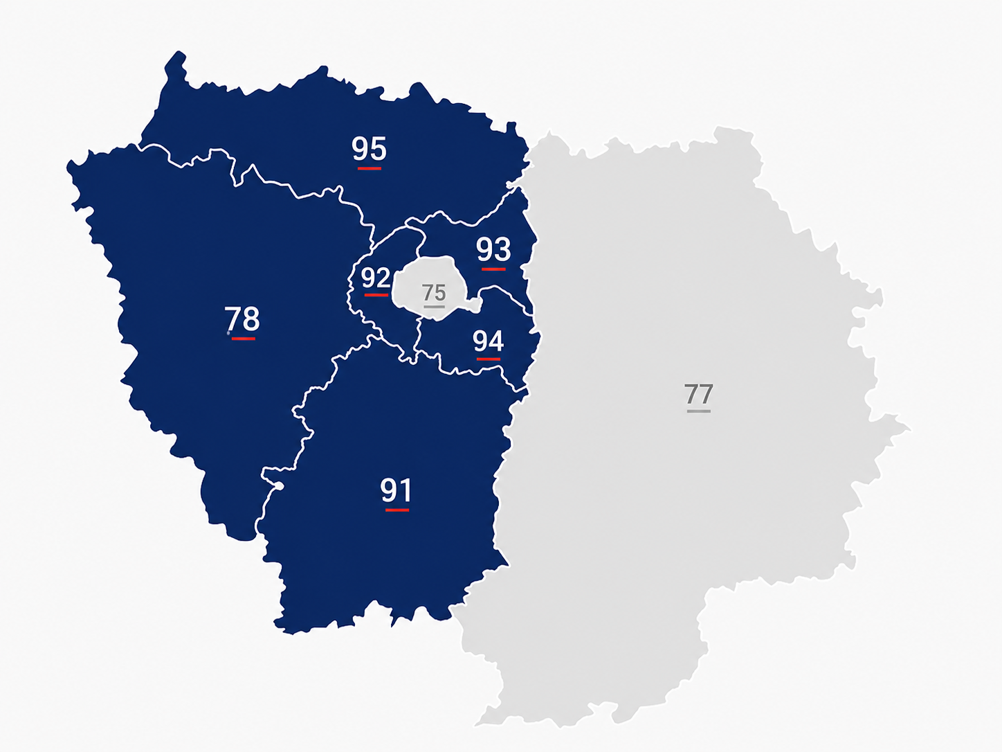 Carte de la zone d'intervention Maison Icare : Yvelines, Essonne, Hauts-de-Seine, Seine-Saint-Denis, Val-de-Marne et Val-d'Oise